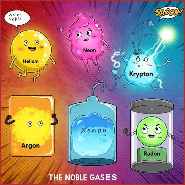 Cartoon style image to show the noble gases